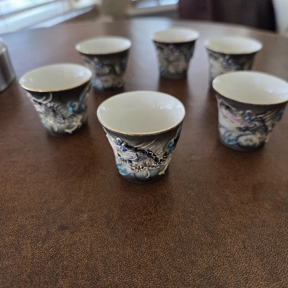 Japanese Moriage Dragonware Sake Cups With Lithopane Geisha Girl Image At Bottom